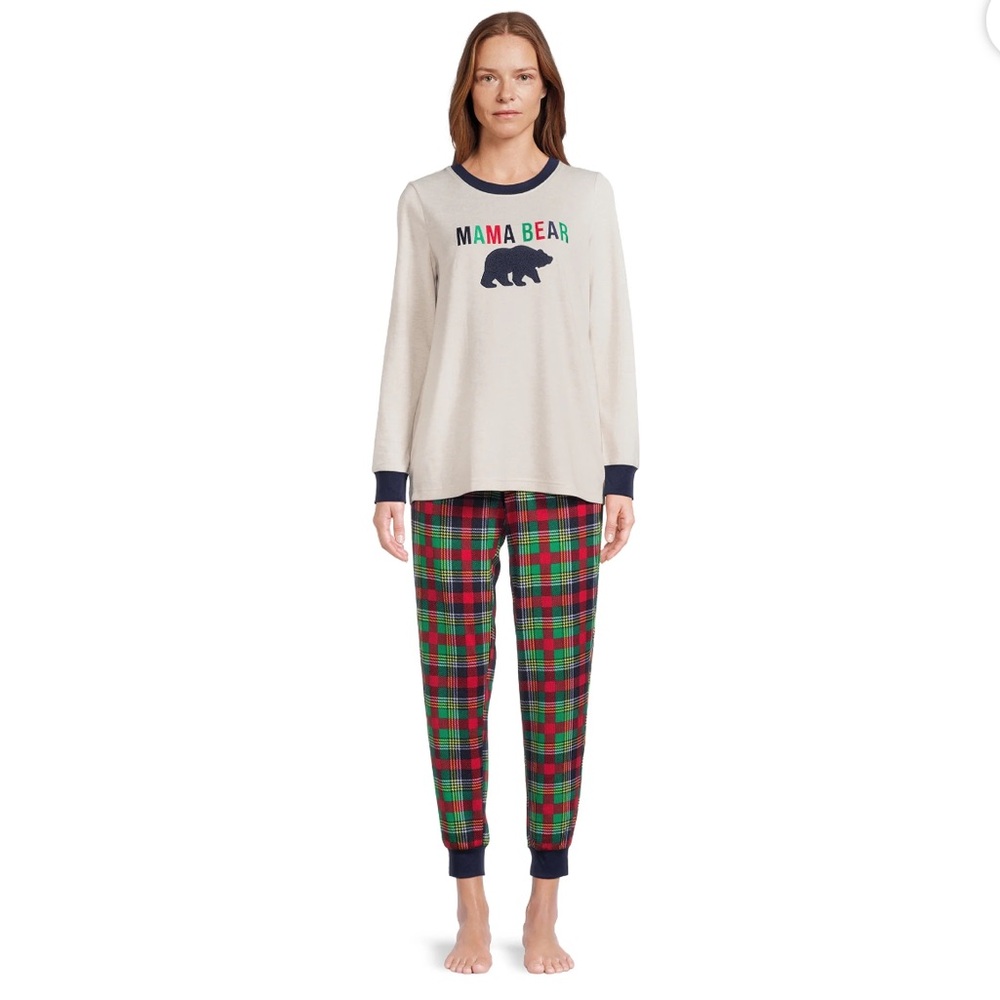 Dearfoams Cream Plaid Mama Bear Long Sleeve Pajama Set Size L 12-14
